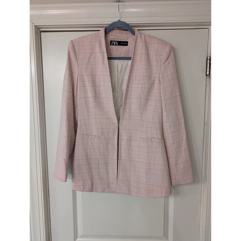 Zara Womens Pink Glen Plaid Collarless Hook Eye Blazer Jacket Size Medium M